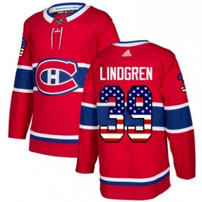 Mens Adidas Montreal Canadiens 39 Charlie Lindgren Authentic Red USA Flag Fashion NHL Jersey