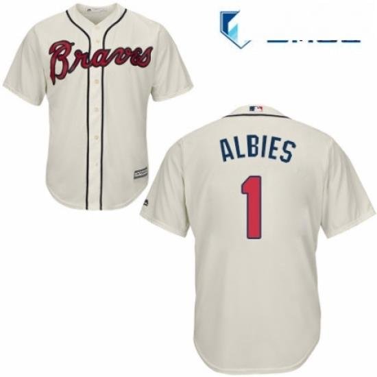 Mens Majestic Atlanta Braves 1 Ozzie Albies Replica Cream Alternate 2 Cool Base MLB Jersey