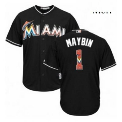 Mens Majestic Miami Marlins 1 Cameron Maybin Authentic Black Team Logo Fashion Cool Base MLB Jersey