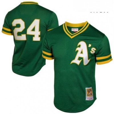 Mens Mitchell and Ness Oakland Athletics 24 Rickey Henderson Replica Green 1991 Throwback MLB Jersey