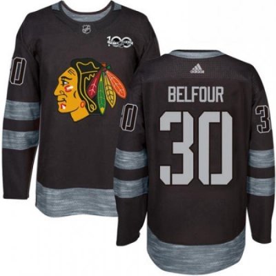 Mens Adidas Chicago Blackhawks 30 ED Belfour Authentic Black 1917 2017 100th Anniversary NHL Jersey