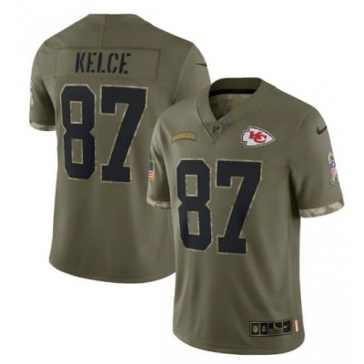 Men Kansas City Chiefs 87 Travis Kelce Olive 2022 Salute To Service Limited Stitched Jersey