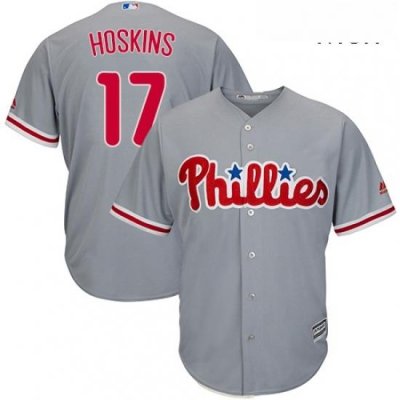 Mens Majestic Philadelphia Phillies 17 Rhys Hoskins Replica Grey Road Cool Base MLB Jersey