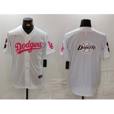 Men Los Angeles Dodgers Team Big Logo White Pink Vin  26 Kobe Patch Stitched Baseball Jersey