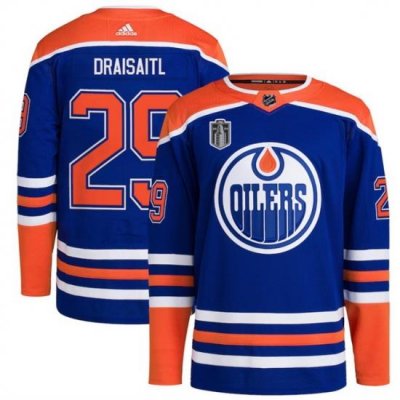 Men Edmonton Oilers 29 Leon Draisaitl Royal 2024 Stanley Cup Final Patch Stitched Jersey