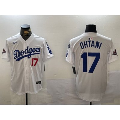 Men Los Angeles Dodgers 17 Shohei Ohtani White 2024 World Series Champions With Fernando Memorial Patch Home Limited Stitched Baseball Jersey