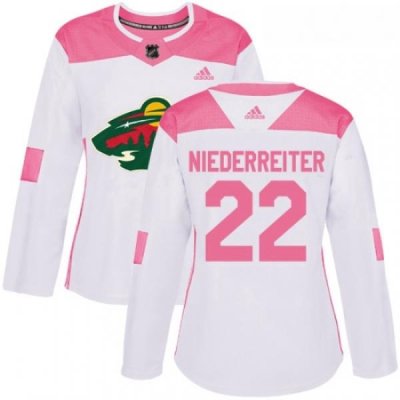 Womens Adidas Minnesota Wild 22 Nino Niederreiter Authentic WhitePink Fashion NHL Jersey