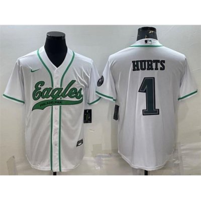 Men Philadelphia Eagles 1 Jalen Hurts White With Patch Cool Base Stitched Baseball Jersey