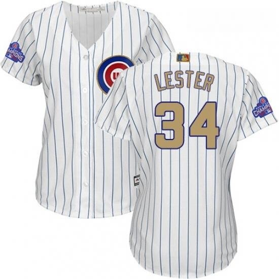 Womens Majestic Chicago Cubs 34 Jon Lester Authentic White 2017 Gold Program MLB Jersey