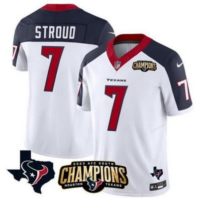 Men Houston Texans 7 C J  Stroud White Navy 2023 F U S E  AFC South Champions Patch And Team Logo Patch Vapor Untouchable Limited Stitched Football Jersey