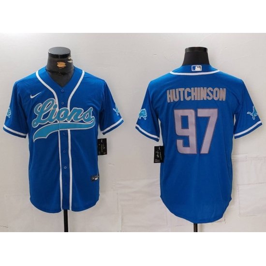 Men Detroit Lions 97 Aidan Hutchinson Blue Cool Base Stitched Baseball Jersey