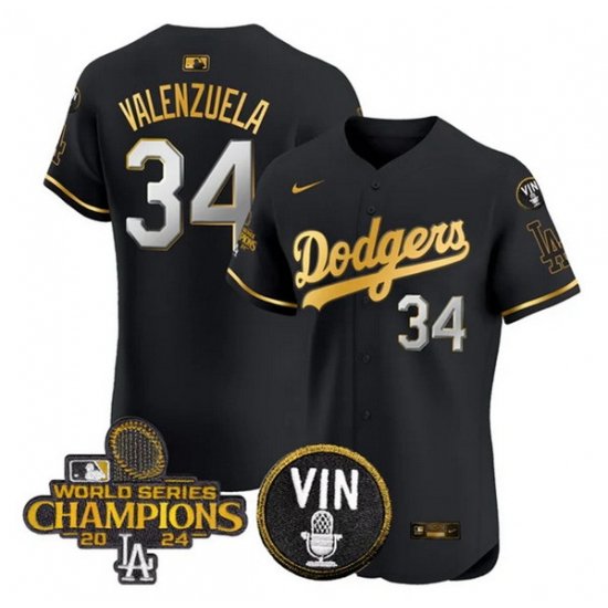 Men Los Angeles Dodgers 34 Toro Valenzuela Black Gold 2024 World Series Champions With Vin Patch Vapor Limited Stitched Baseball Jersey