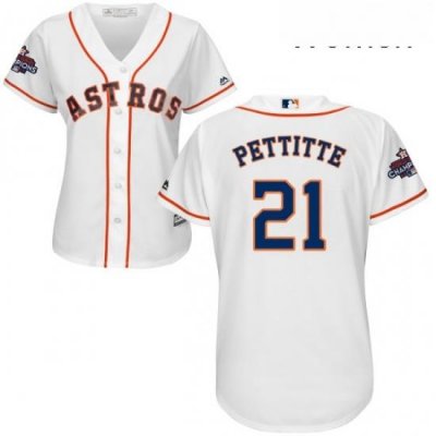 Womens Majestic Houston Astros 21 Andy Pettitte Replica White Home 2017 World Series Champions Cool Base MLB Jersey