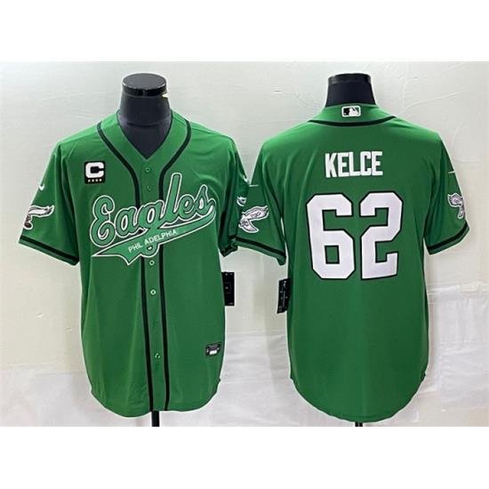 Men Philadelphia Eagles 62 Jason Kelce Green With C Patch Cool Base Stitched Baseball Jersey