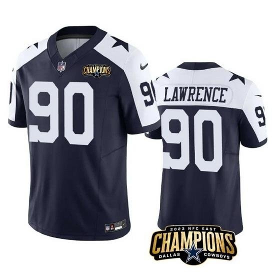 Men Dallas Cowboys 90 DeMarcus Lawrence Navy White 2023 F U S E  NFC East Champions Patch Stitched Football Jersey