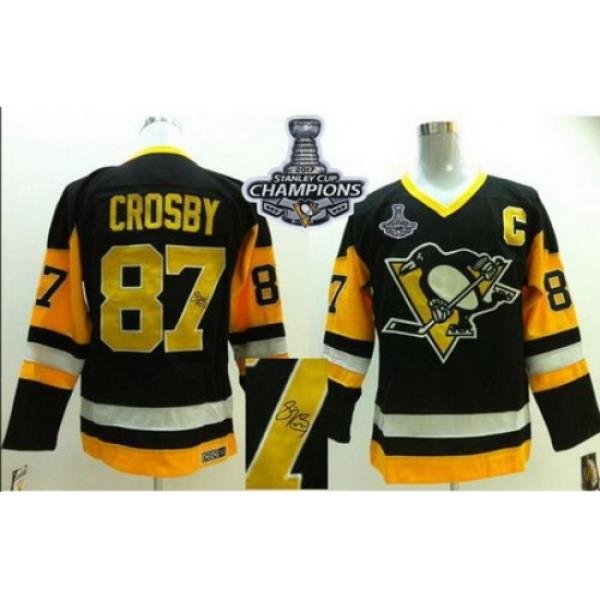 Penguins #87 Sidney Crosby Black CCM Throwback Autographed 2017 Stanley Cup Finals Champions Stitched NHL Jersey