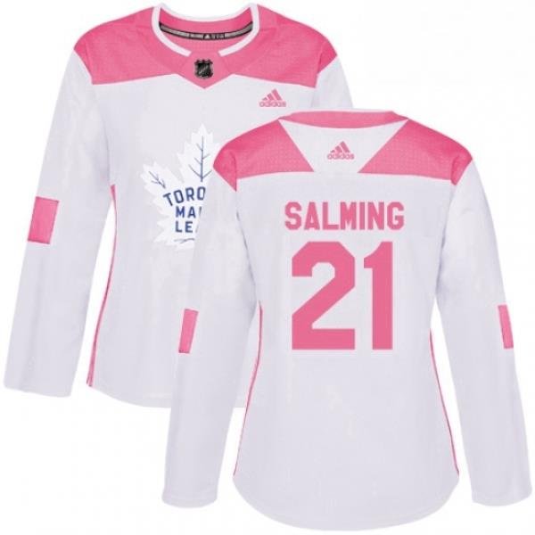 Womens Adidas Toronto Maple Leafs 21 Borje Salming Authentic WhitePink Fashion NHL Jersey