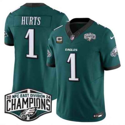 Men Philadelphia Eagles 1 Jalen Hurts Green 2024 New NFC East Champions With 3 Star C Patch F U S E  Vapor Untouchable Limited Stitched Football Jersey