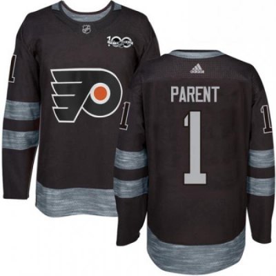 Mens Adidas Philadelphia Flyers 1 Bernie Parent Premier Black 1917 2017 100th Anniversary NHL Jersey