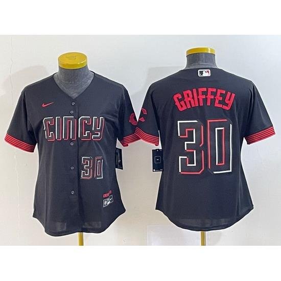 Women Cincinnati Reds 30 Ken Griffey Jr  Black 2023 City Connect With Patch Stitched Baseball Jersey