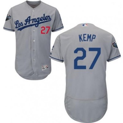 Mens Majestic Los Angeles Dodgers 27 Matt Kemp Grey Road Flex Base Authentic Collection 2018 World Series Jersey