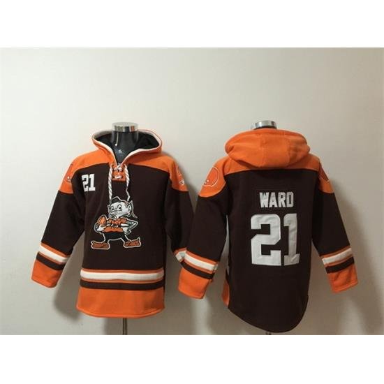 Men Cleveland Browns 21 Denzel Ward Brown Lace Up Pullover Hoodie