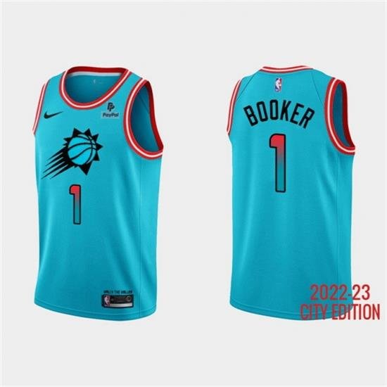 Men Phoenix Suns 1 Devin Booker Blue 2022 23 City Edition With Black Payple Logo Stitched Basketball Jersey