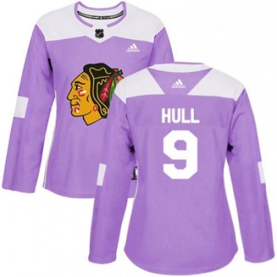 Womens Adidas Chicago Blackhawks 9 Bobby Hull Authentic Purple Fights Cancer Practice NHL Jersey