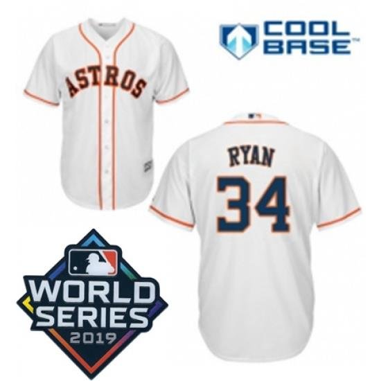 Youth Majestic Houston Astros 34 Nolan Ryan White Home Cool Base Sitched 2019 World Series Patch Jersey