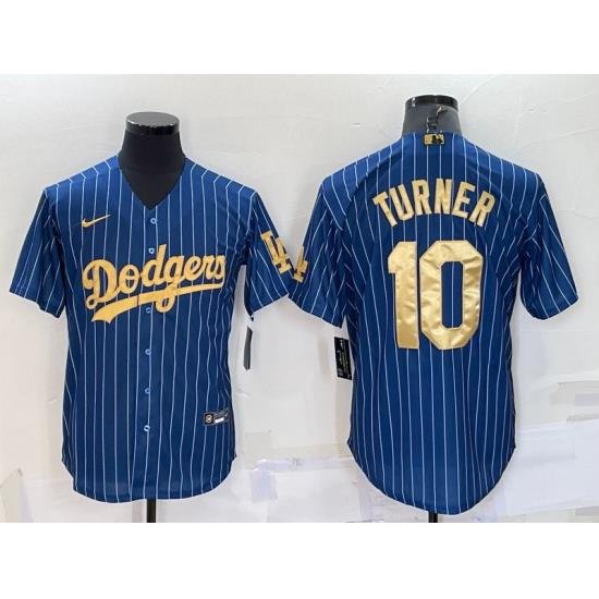 Men Los Angeles Dodgers 10 Justin Turner Navy Gold Cool Base Stitched Baseball Jersey