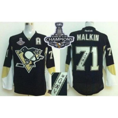 Penguins #71 Evgeni Malkin Black Autographed 2017 Stanley Cup Finals Champions Stitched NHL Jersey