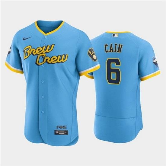 Men MilWaukee BreWers 6 Lorenzo Cain PoWder Blue 2022 City Connect Flex Base Stitched MLB Jersey