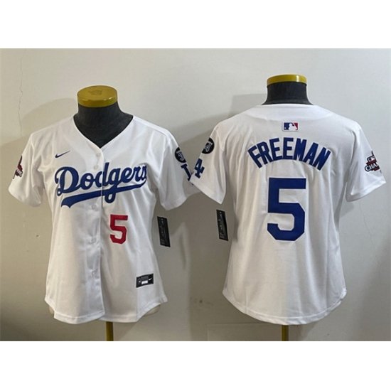 Women Los Angeles Dodgers 5 Freddie Freeman White 2024 World Series Champions With Fernando Memorial Patch Home Limited Stitched Baseball Jersey 28Run Smal