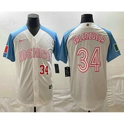 Men's Mexico Baseball #34 Fernando Valenzuela Number 2023 White Blue World Classic Stitched Jersey2