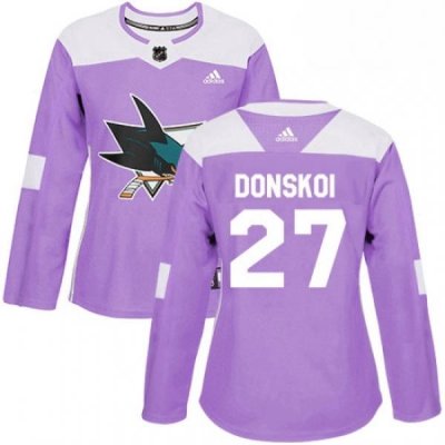 Womens Adidas San Jose Sharks 27 Joonas Donskoi Authentic Purple Fights Cancer Practice NHL Jersey