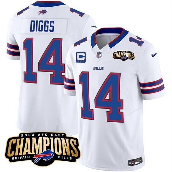 Men Buffalo Bills 14 Stefon Diggs White 2023 F U S E  AFC East Champions With 3 Star C Ptach Stitched Football Jersey