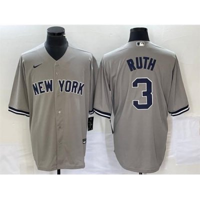 Men NeW York Yankees 3 Babe Ruth Gray Cool Base Stitched Baseball Jersey