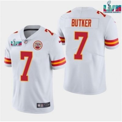 Men Kansas City Chiefs 7 Harrison Butker White Super Bowl LVII Patch Vapor Untouchable Limited Stitched Jersey