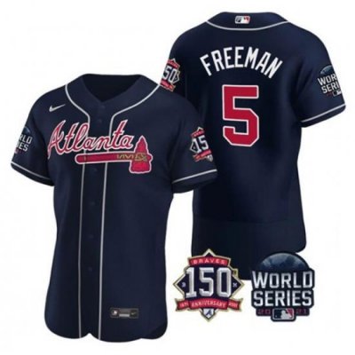 Men Atlanta Braves 5 Freddie Freeman 2021 Navy World Series With 150th Anniversary Patch Stitched Baseball Jersey