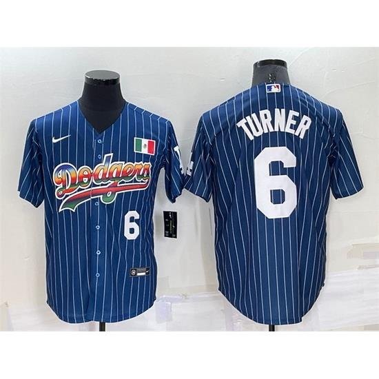 Men Los Angeles Dodgers 6 Trea Turner Navy Mexico RainboW Cool Base Stitched Baseball Jersey