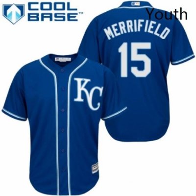 Youth Majestic Kansas City Royals 15 Whit Merrifield Replica Blue Alternate 2 Cool Base MLB Jersey