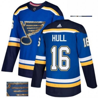 Mens Adidas St Louis Blues 16 Brett Hull Authentic Royal Blue Fashion Gold NHL Jersey