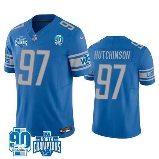 Men Detroit Lions 97 Aidan Hutchinson Blue 2023 F U S E  90th AnniversaryNFC North Division Champions Vapor Untouchable Limited Stitched Jersey