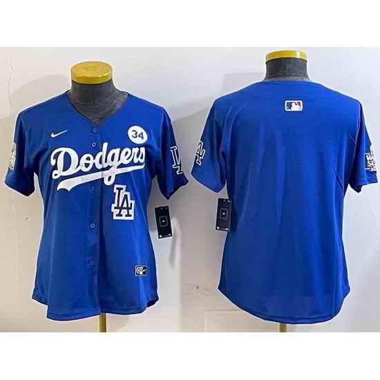 Women Los Angeles Dodgers Blank Blue 2024 World Series With No  34 Patch Home Limited Stitched Baseball Jersey