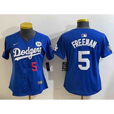 Women Los Angeles Dodgers 5 Freddie Freeman Royal 2024 World Series With No  34 Patch Alternate Limited Stitched Baseball Jersey