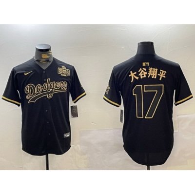 Men Los Angeles Dodgers 17  Shohei Ohtani Black Gold 2024 World Series Champions Cool Base Stitched Baseball Jersey