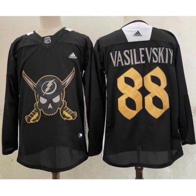 Men's Tampa Bay Lightning #88 Andrei Vasilevskiy Black Pirate Themed Warmup Authentic Jersey