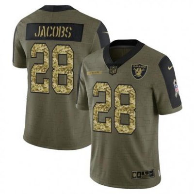 Men Las Vegas Raiders 28 Josh Jacobs 2021 Salute To Service Olive Camo Limited Stitched Jersey