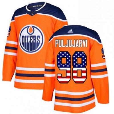 Mens Adidas Edmonton Oilers 98 Jesse Puljujarvi Authentic Orange USA Flag Fashion NHL Jersey