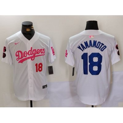 Men Los Angeles Dodgers 18 Yoshinobu Yamamoto White Pink Vin  26 Kobe Patch Stitched Baseball Jersey 6